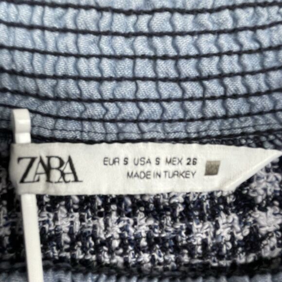 ZARA Chambray Mini Dress Tweed A-Line Smocked Neck Puff Sleeve School Girl-S - Picture 9 of 11